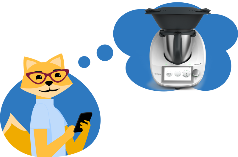 Smart Home Füchsin mit Handy denkt über Thermomix TM6 nach